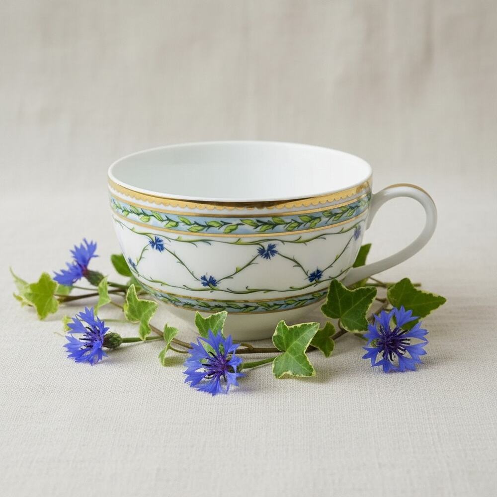 Raynaud Limoges Allee Royale Teacup-France-Fine Porcelain-Gold-Blue Floral-China